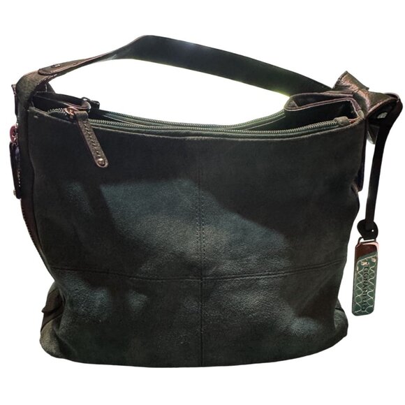 Tignanello Green Suede Genuine Leather Shoulder Bag With Zipper Closure & Patter - Picture 1 of 11